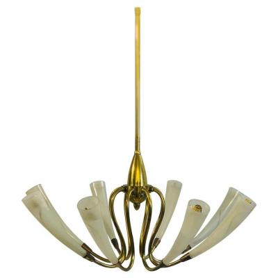 Italian Chandelier With Eight Bulbs In Brass And Glass Circa 1950