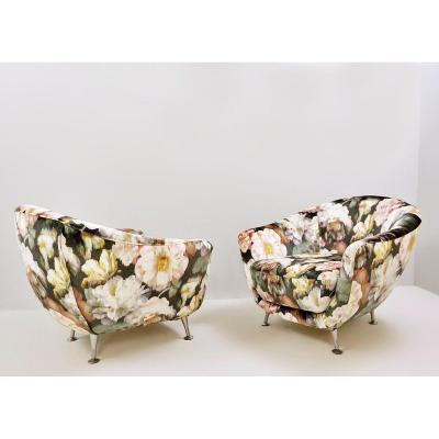 Pair Of Italian Armchairs With New Floral Velvet Padding