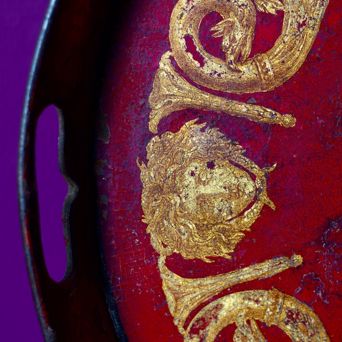 Large Painted Sheet Metal Serving Tray With Allegorical Decor, Early 19th Century-photo-4