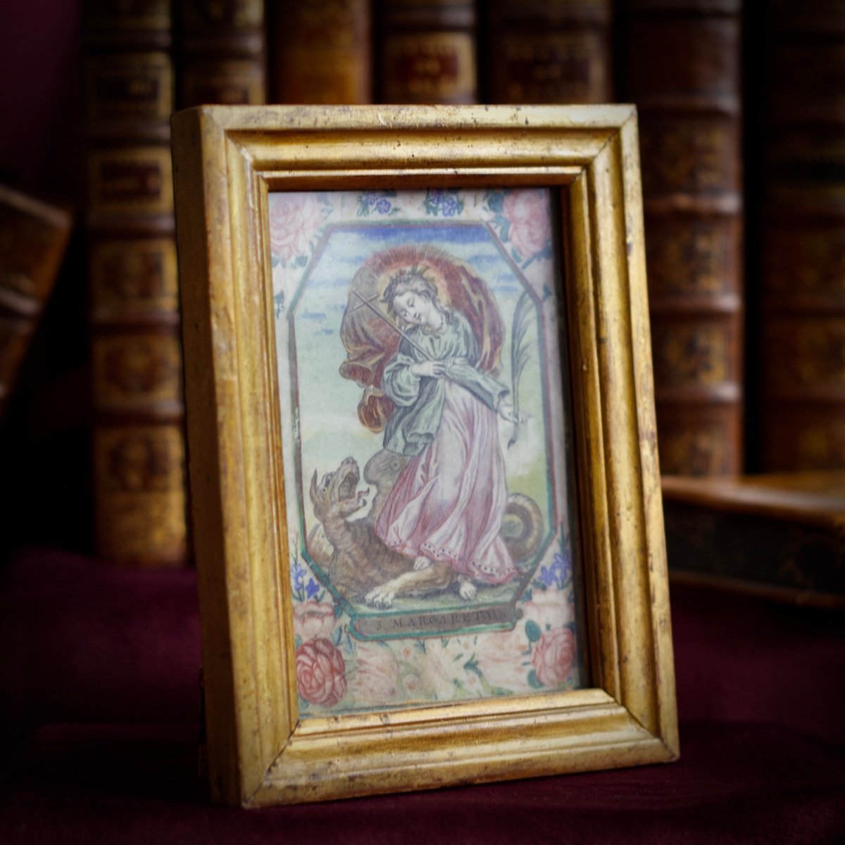 Small Enhanced Engraving Of Saint Margaret Of Antioch, 18th Century-photo-4