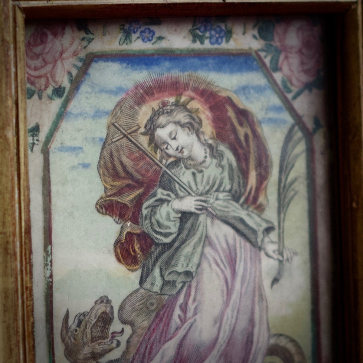 Small Enhanced Engraving Of Saint Margaret Of Antioch, 18th Century-photo-1