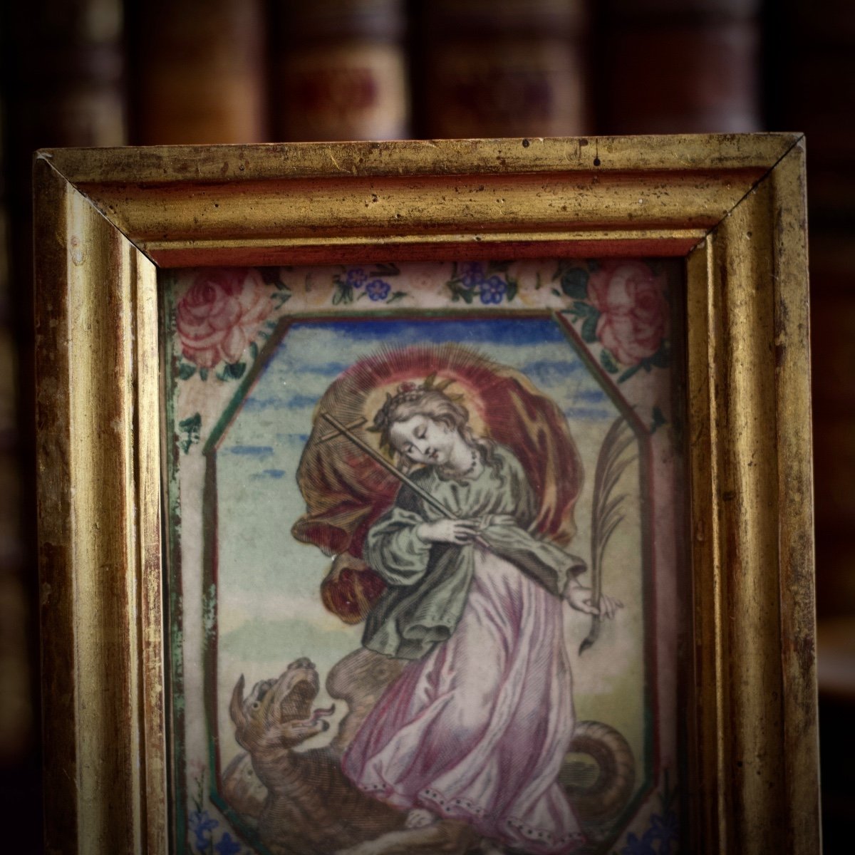 Small Enhanced Engraving Of Saint Margaret Of Antioch, 18th Century-photo-2