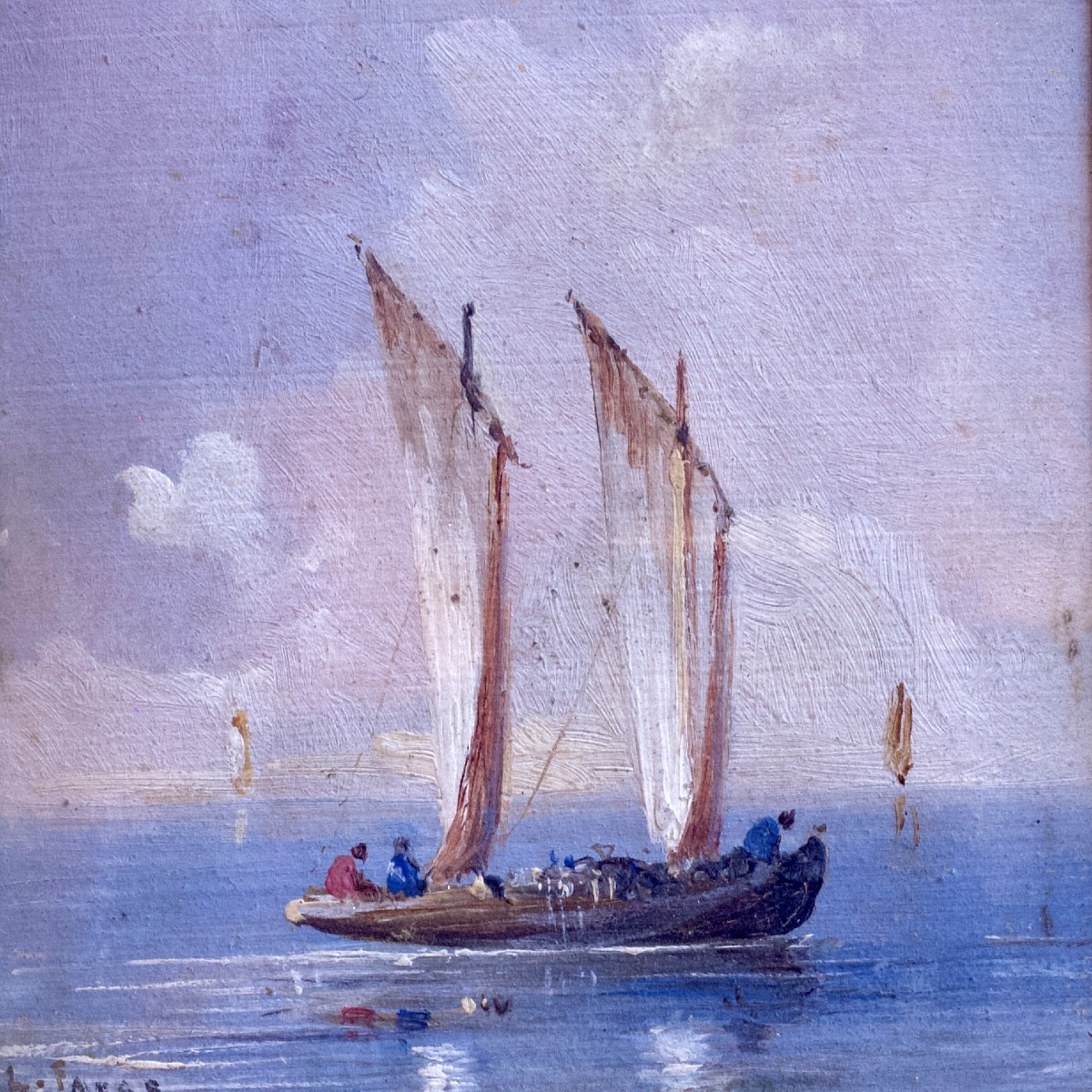 Six marines miniatures dans un même montage, gouache sur papier, début XXe Siècle