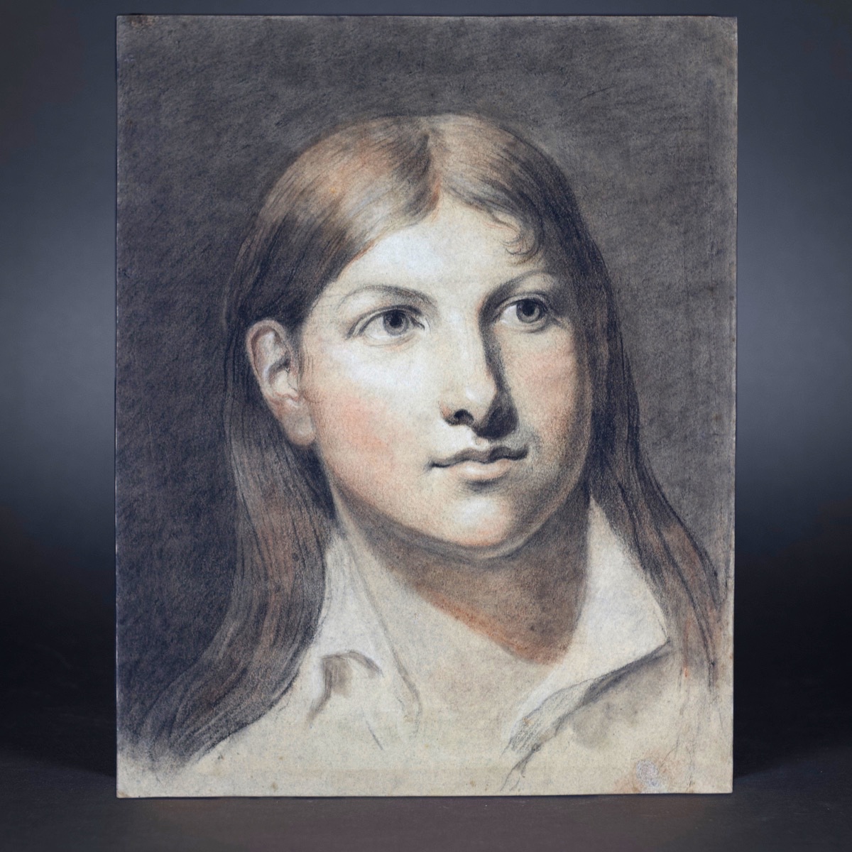 French School, Portrait Of A Young Man,  Three Pencils On Paper Technique, 19th Century