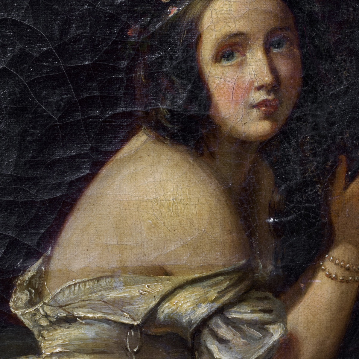 Ecole française, Jeune fille en prière, c. 1830, huile sur toile à restaurer, 80x63 cm-photo-6