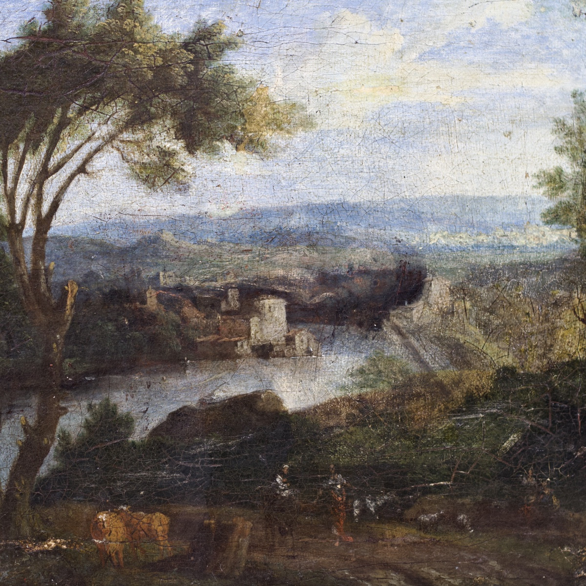 Ecole française, Paysage animé, Fuite en Égypte ?, huile sur toile, XVIIe siècle DLG Poussin