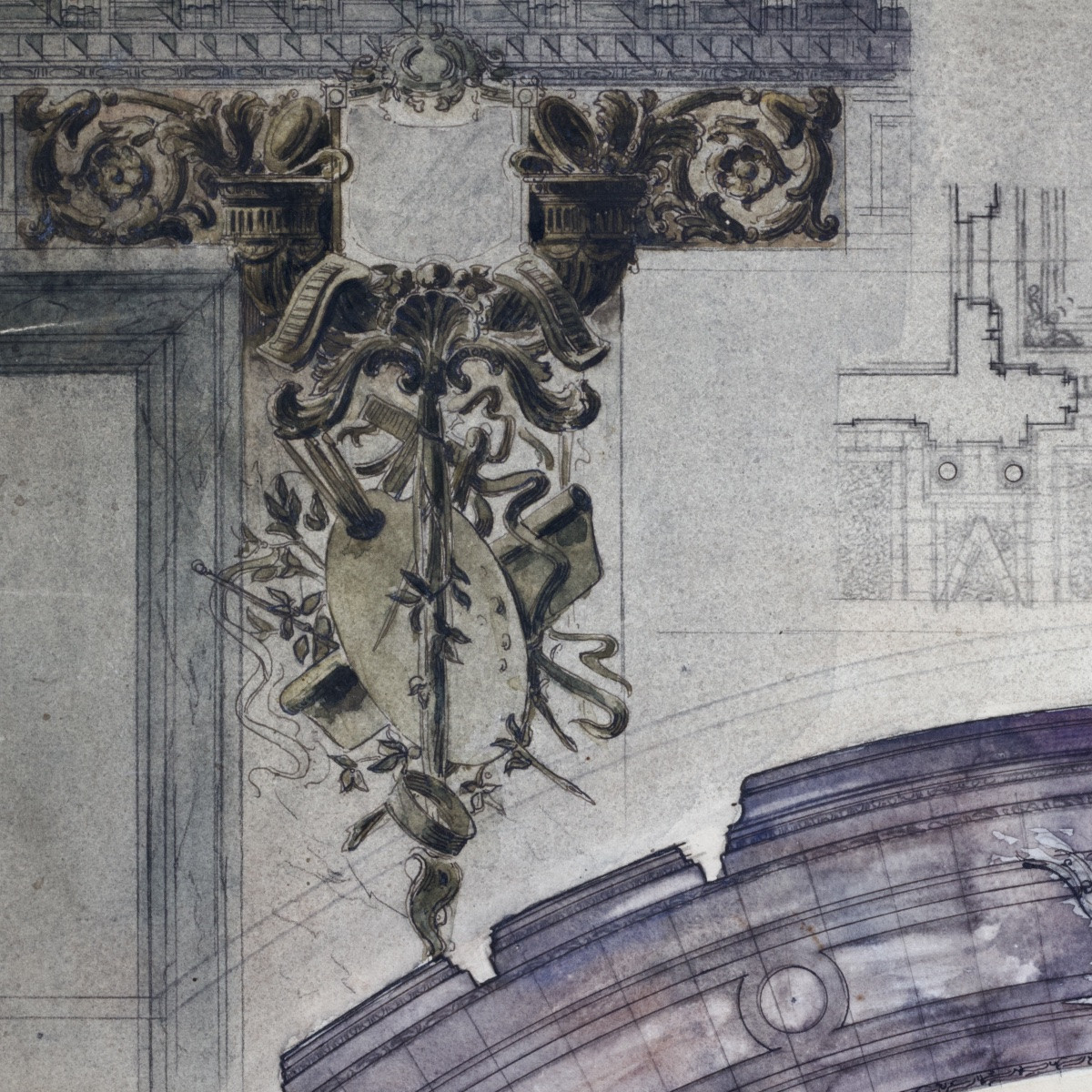 Large Architectural Project, School Of Fine Arts, Late 19th Century/1900, Wash, Pencil, Watercolor-photo-2