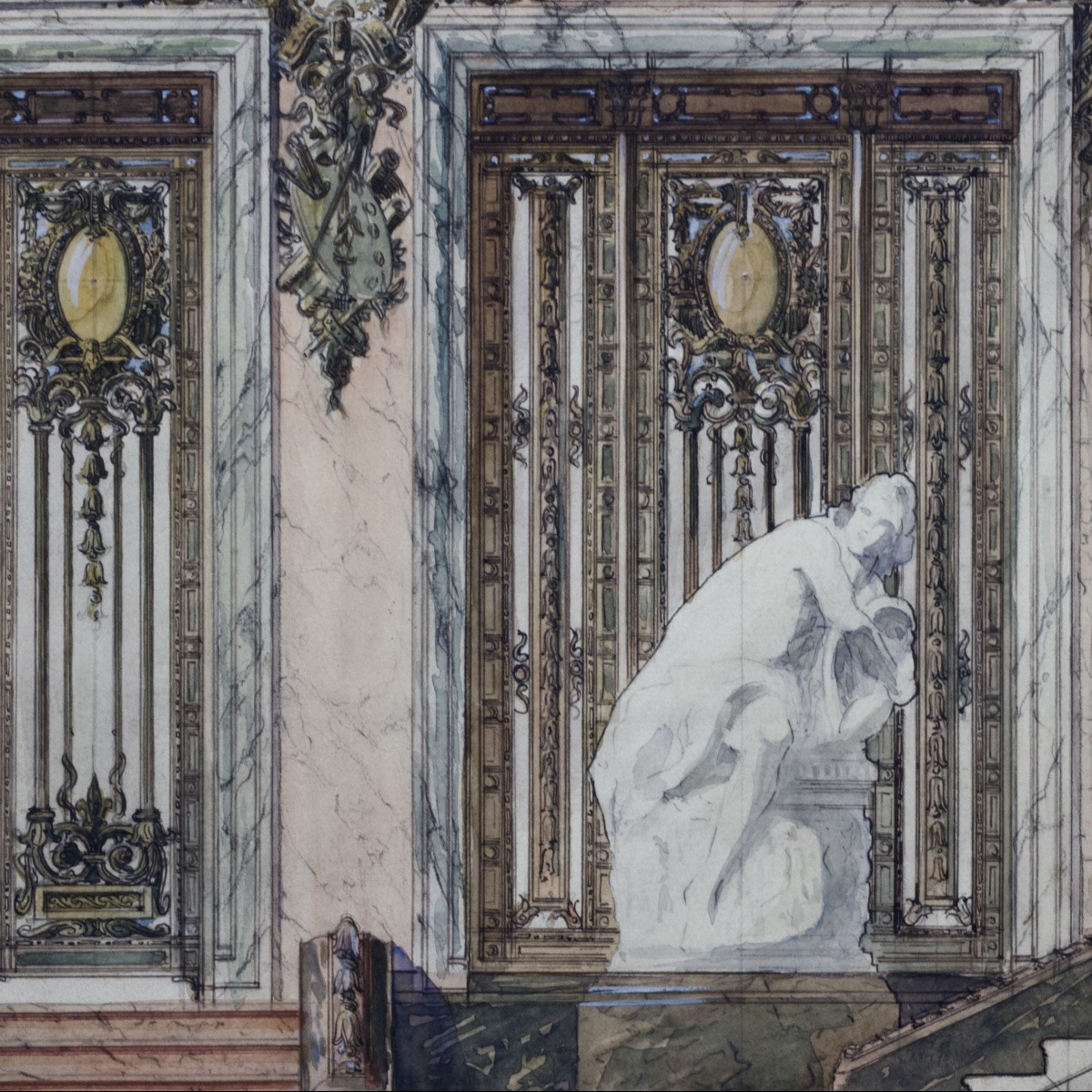 Large Architectural Project, School Of Fine Arts, Late 19th Century/1900, Wash, Pencil, Watercolor-photo-7