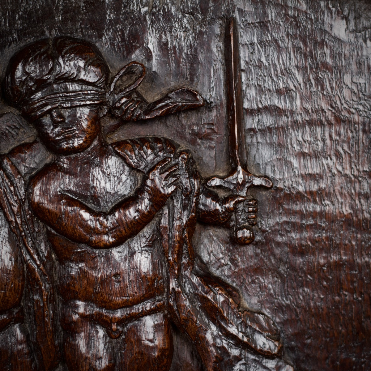 Small Carved Wooden Panel With Putti Bearing The Attributes Of Justice, 16th-17th Centuries-photo-5