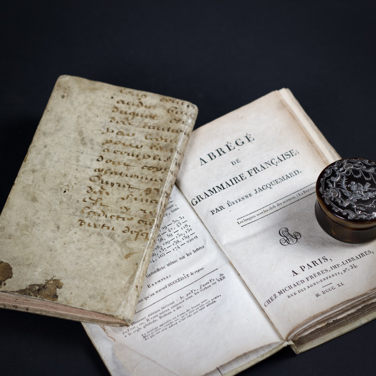 Livres anciens couverts de  vélin histoire naturelle et grammaire, reliures décoratives XVIIIe-photo-4