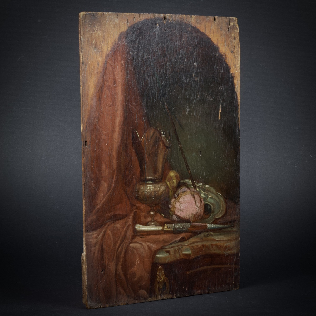 French School, Still Life With Silver Ewer, Oil On Panel, 19th Century-photo-2