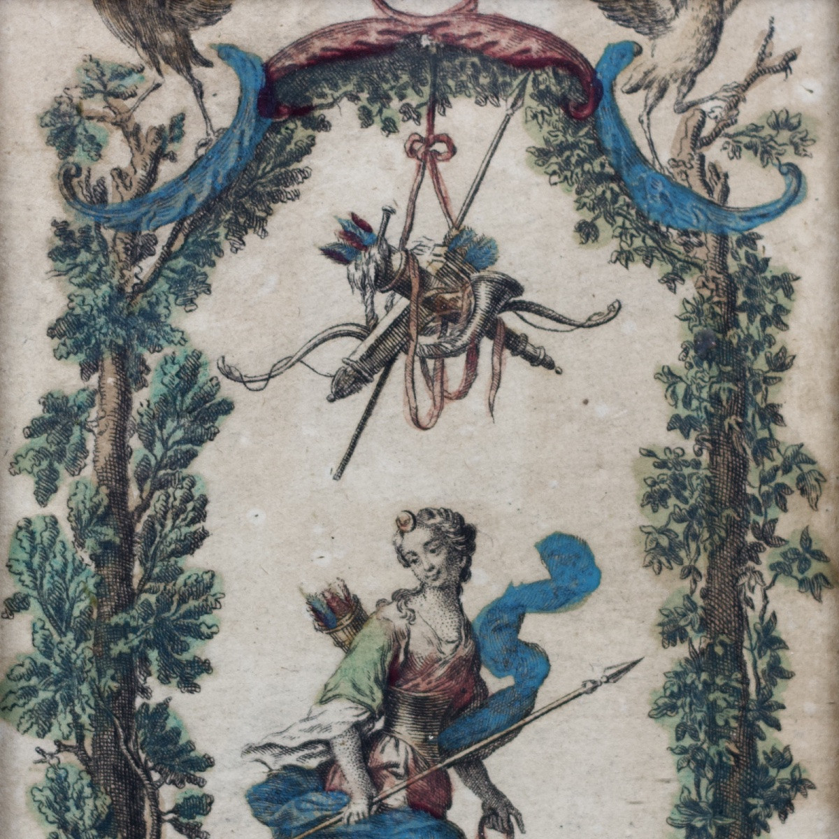 École française, Diane chasseresse, petite gravure rehaussée sous verre ancien, XVIIIe-photo-3