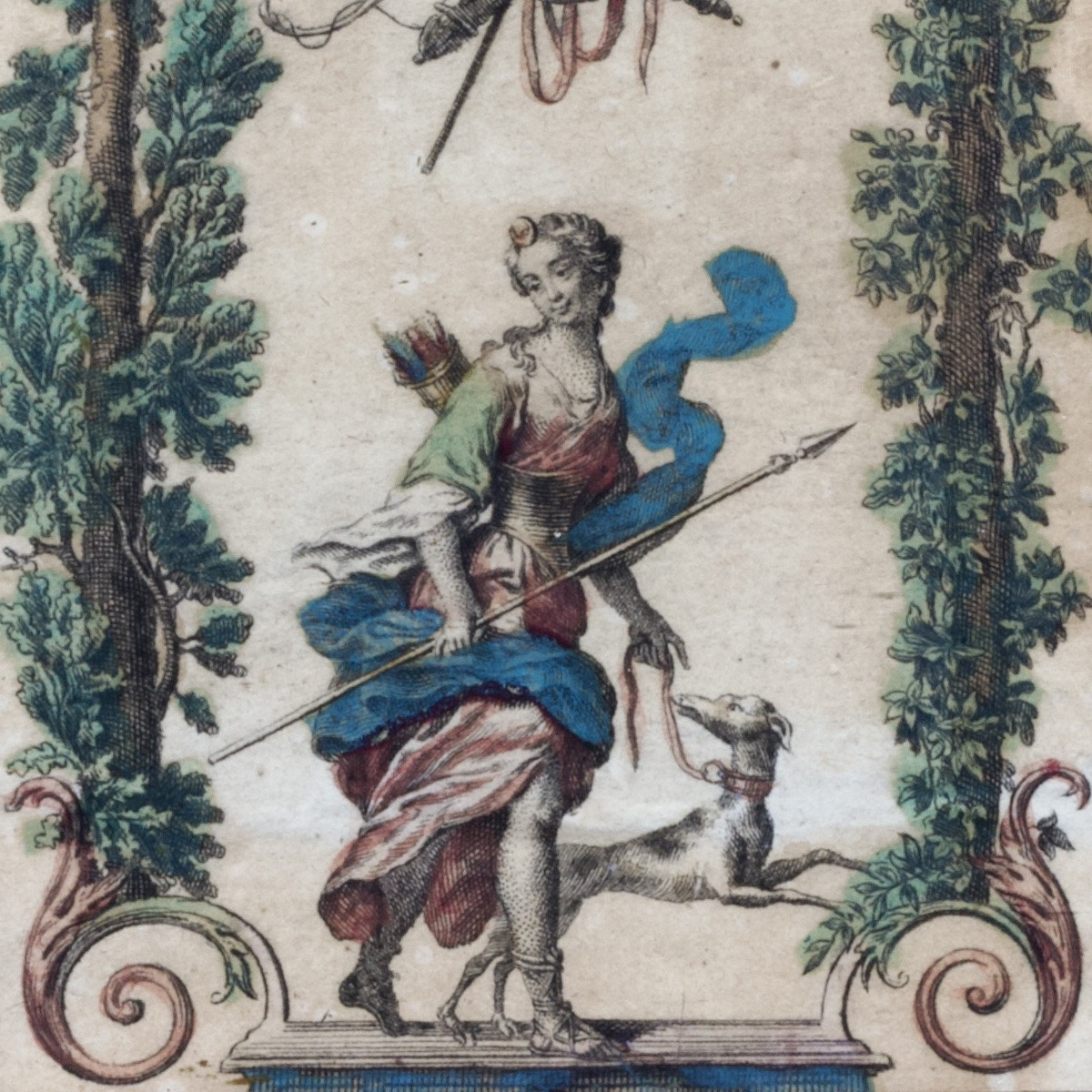 École française, Diane chasseresse, petite gravure rehaussée sous verre ancien, XVIIIe-photo-4