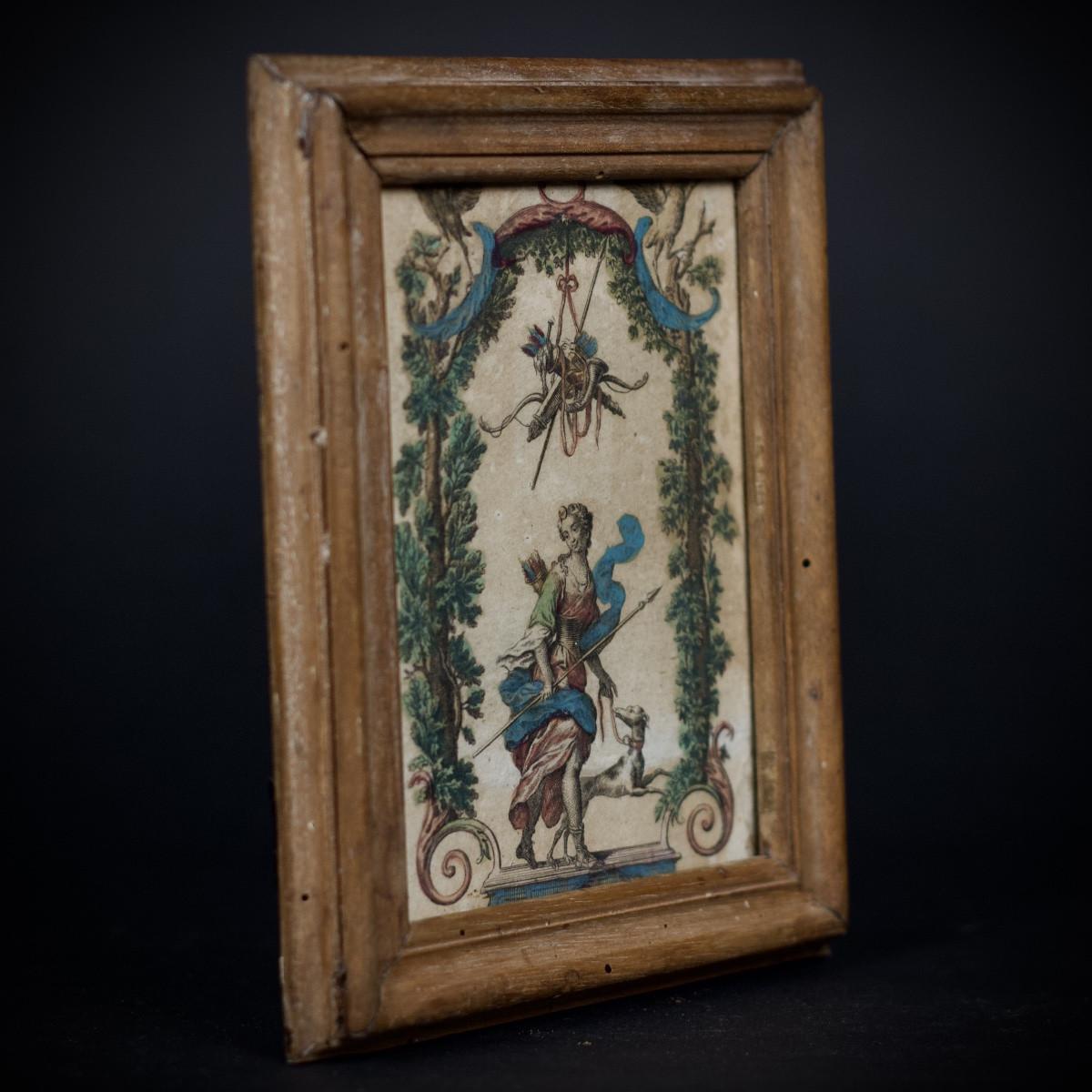 École française, Diane chasseresse, petite gravure rehaussée sous verre ancien, XVIIIe-photo-2