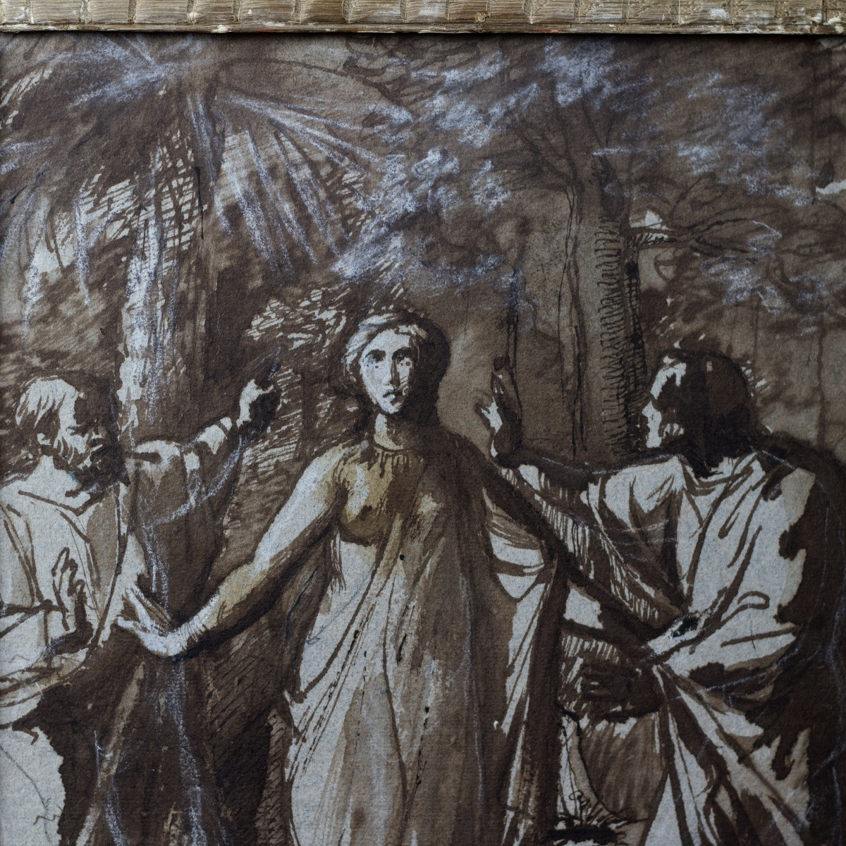 Suzanne et les vieillards, lavis d'encre, fin XVIIIe début XIXe, cadre en bois sculpté XVIIIe-photo-2