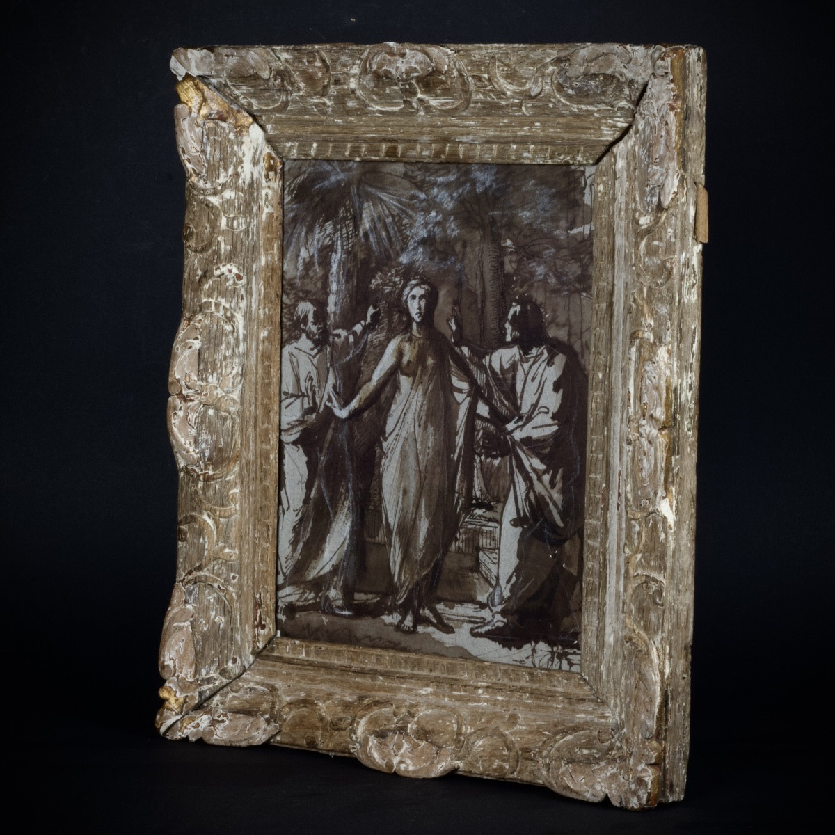 Suzanne et les vieillards, lavis d'encre, fin XVIIIe début XIXe, cadre en bois sculpté XVIIIe-photo-4