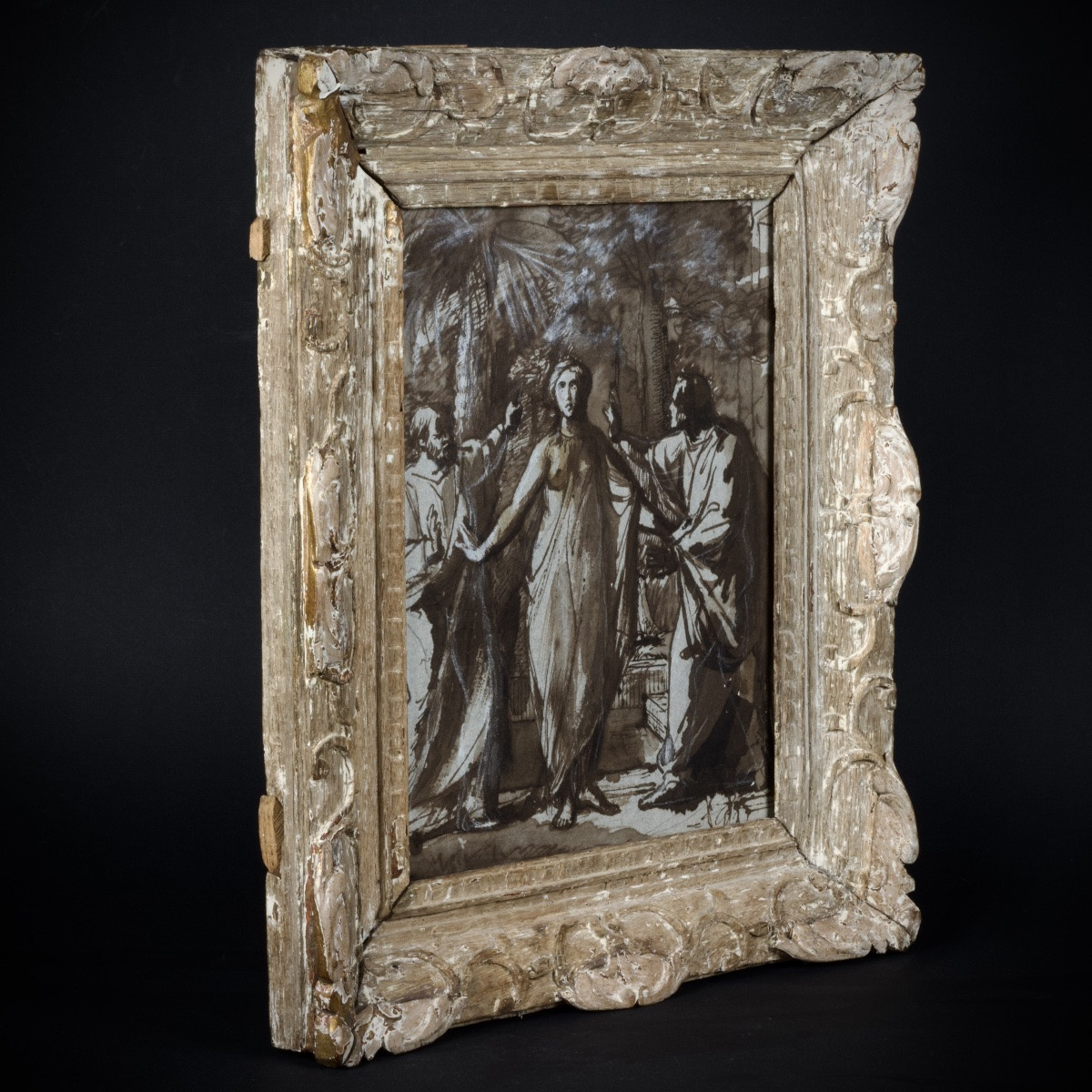 Suzanne et les vieillards, lavis d'encre, fin XVIIIe début XIXe, cadre en bois sculpté XVIIIe-photo-1