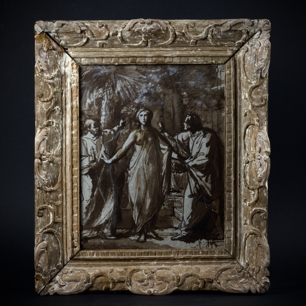 Suzanne et les vieillards, lavis d'encre, fin XVIIIe début XIXe, cadre en bois sculpté XVIIIe