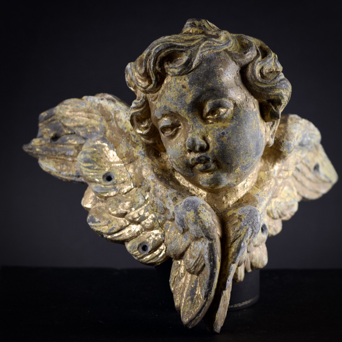 Paire de têtes d'anges en plomb patiné et doré, probables éléments de fontaine, XVIIIe siècle-photo-3