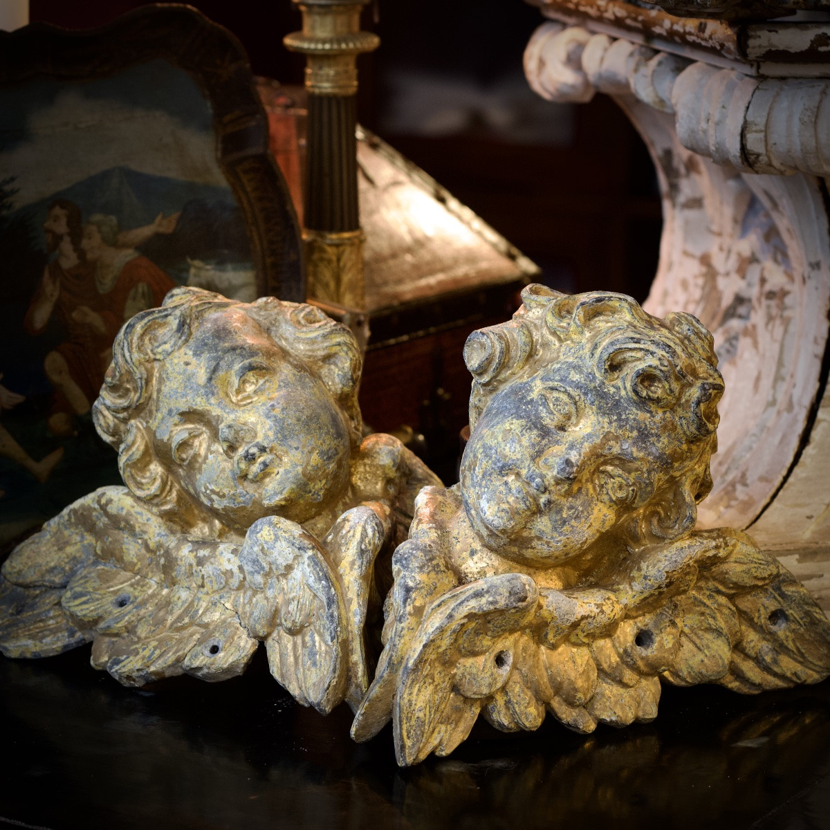 Paire de têtes d'anges en plomb patiné et doré, probables éléments de fontaine, XVIIIe siècle-photo-4