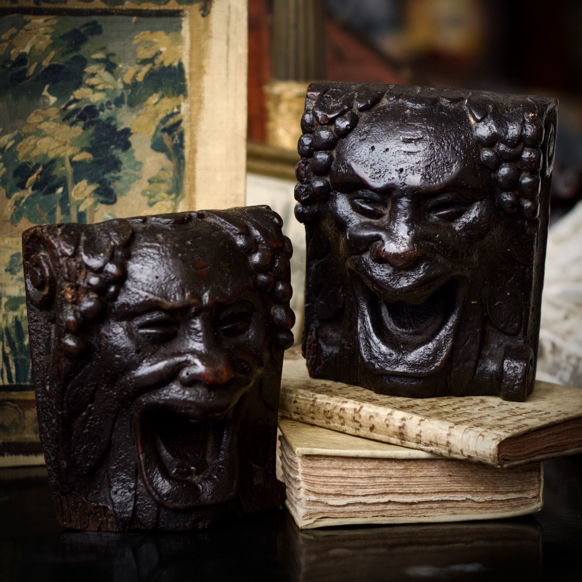 Pair Of Grotesque Masks With Dionysian Attributes In The Mannerist Style, Carved Wood