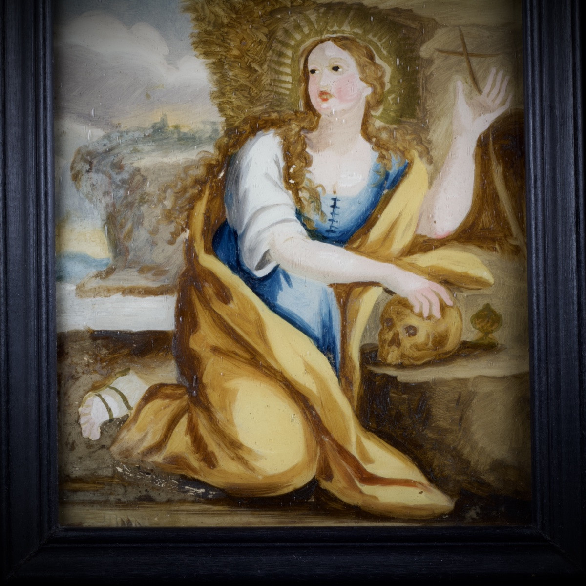 Marie Madeleine pénitente au crâne, Fixé sous verre, art populaire, XVIIIe -photo-3