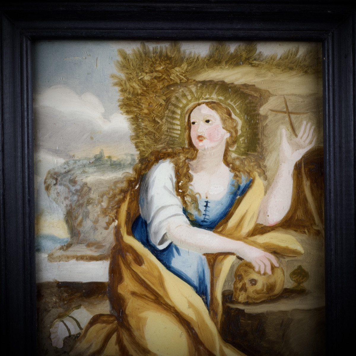 Marie Madeleine pénitente au crâne, Fixé sous verre, art populaire, XVIIIe -photo-8