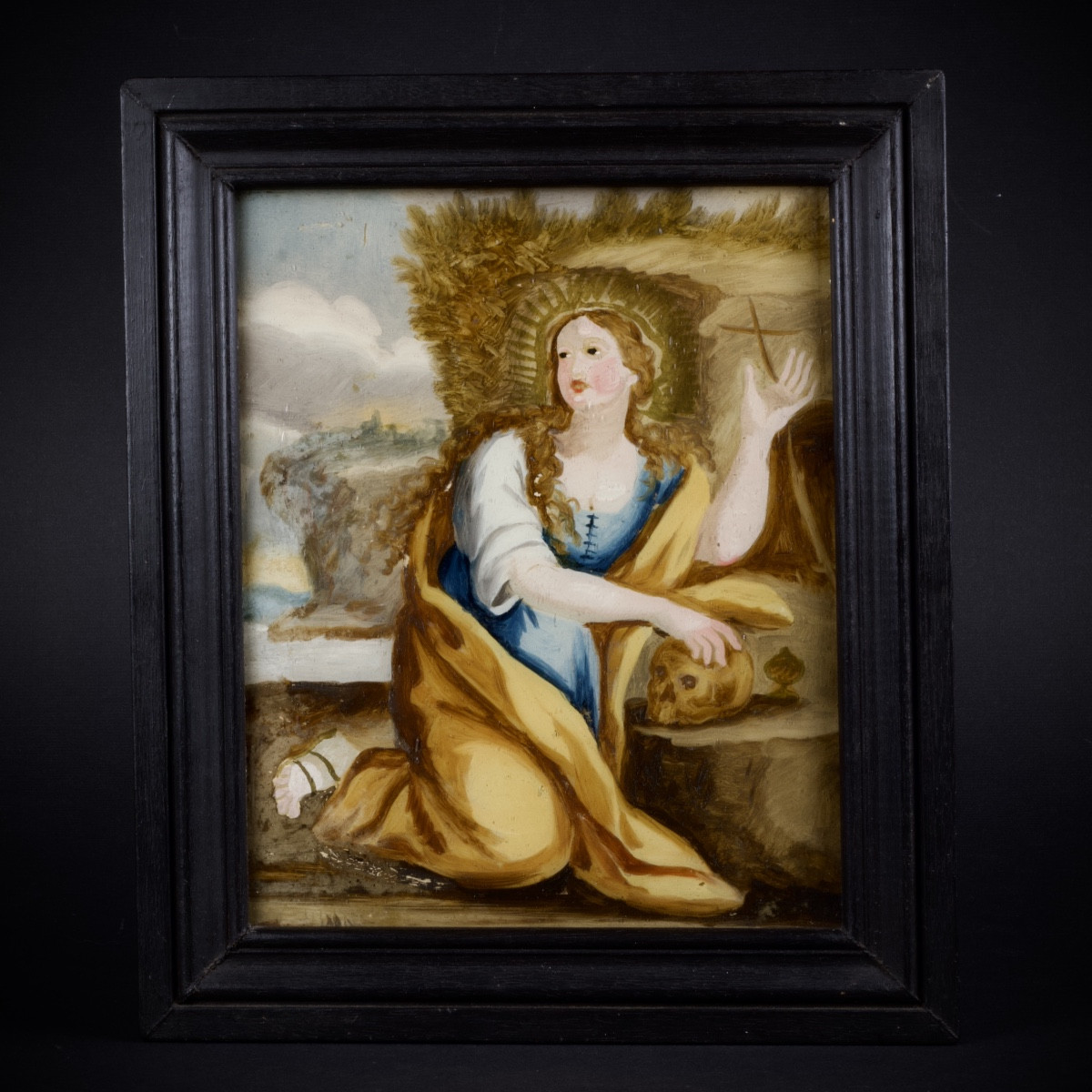 Marie Madeleine pénitente au crâne, Fixé sous verre, art populaire, XVIIIe 