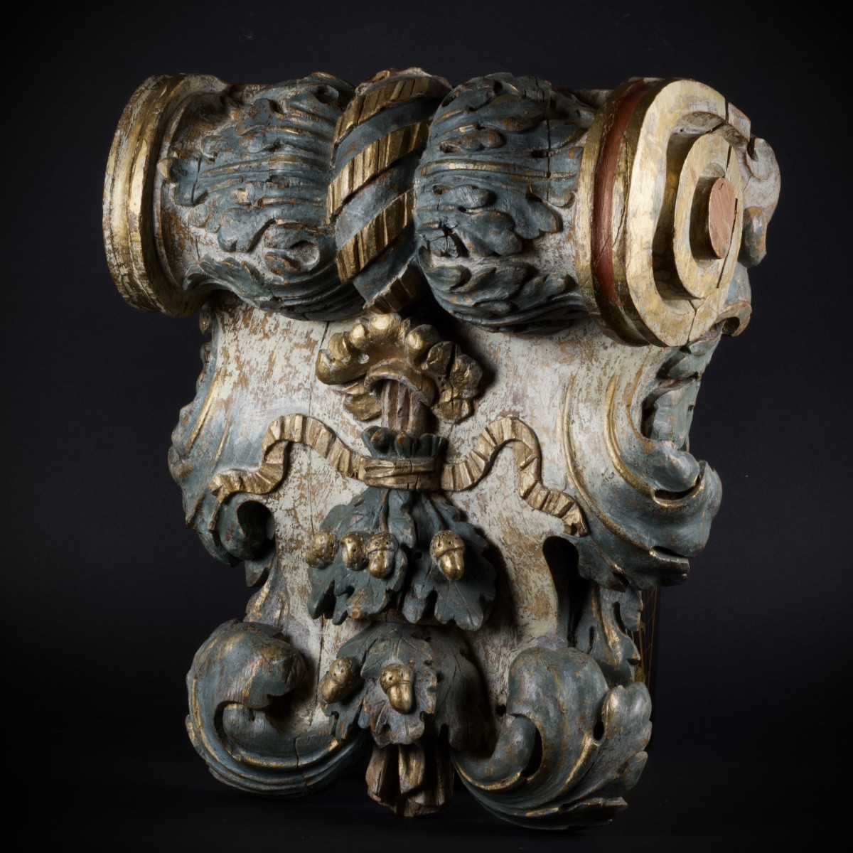 Console en bois polychrome sculpté, décor de volutes, acanthes, rubans et glands, XVIIIe-photo-1