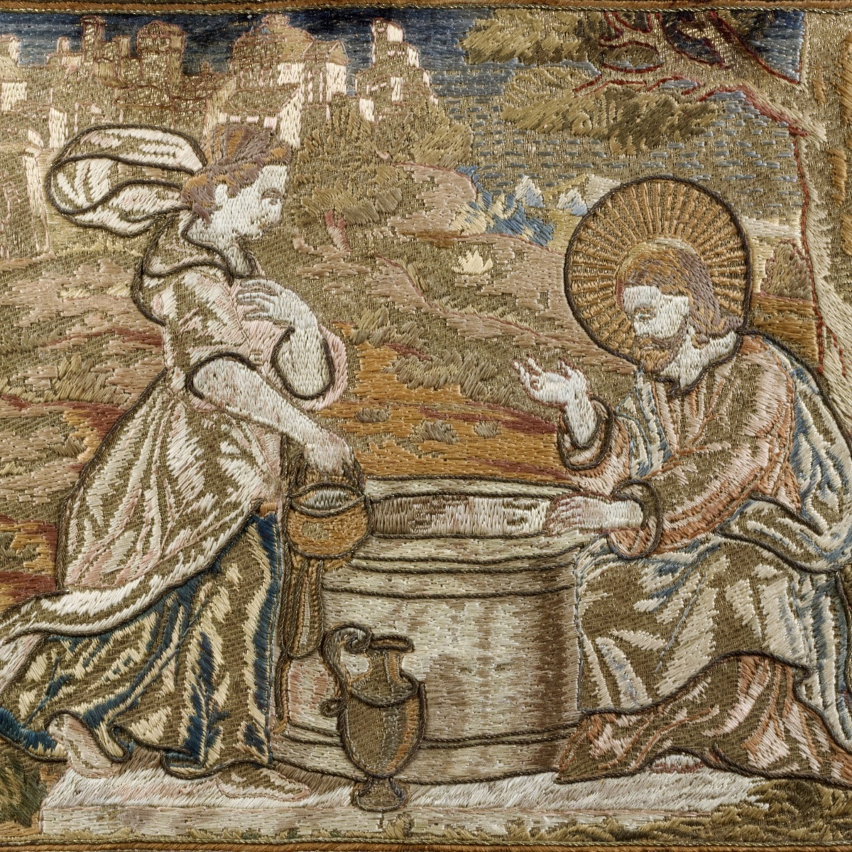 Jesus And The Samaritan Woman, Embroidery In Satin Stitch And Bullion Thread, 18th Century -photo-2