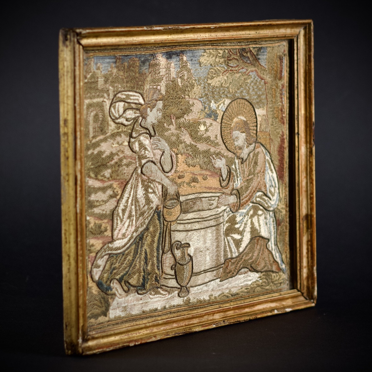 Jesus And The Samaritan Woman, Embroidery In Satin Stitch And Bullion Thread, 18th Century -photo-1