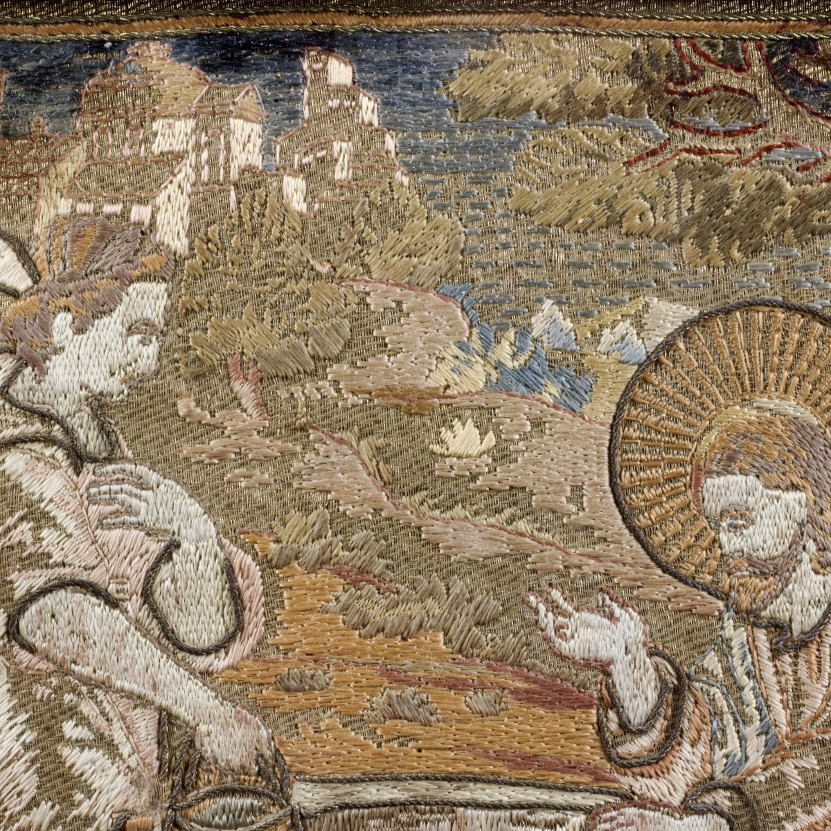 Jesus And The Samaritan Woman, Embroidery In Satin Stitch And Bullion Thread, 18th Century -photo-3
