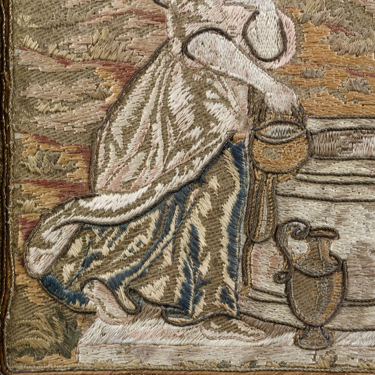 Jesus And The Samaritan Woman, Embroidery In Satin Stitch And Bullion Thread, 18th Century -photo-4