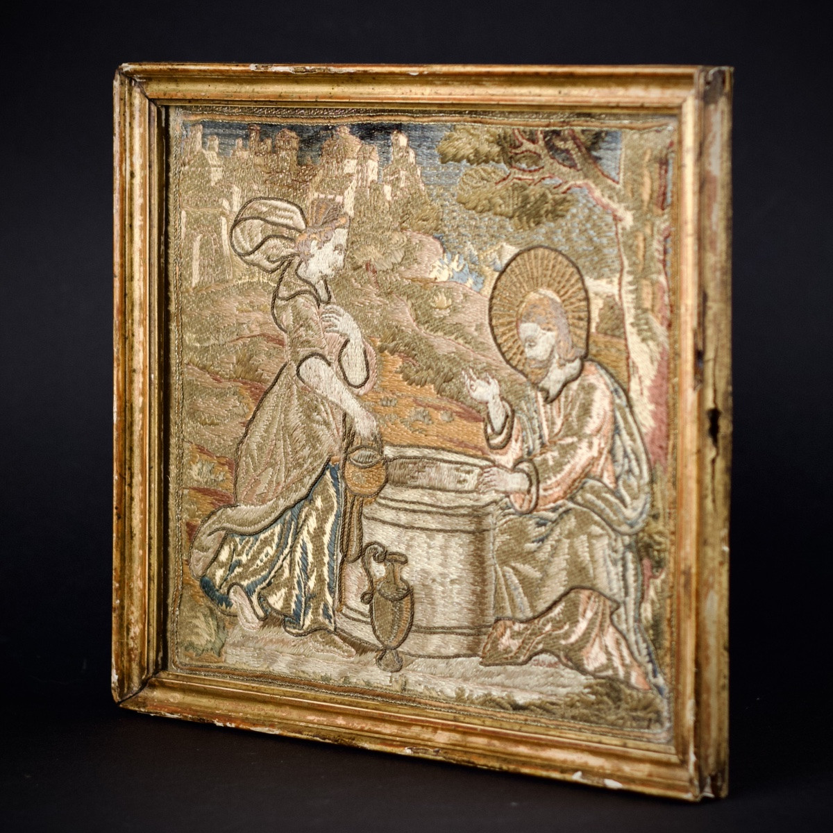 Jesus And The Samaritan Woman, Embroidery In Satin Stitch And Bullion Thread, 18th Century -photo-8
