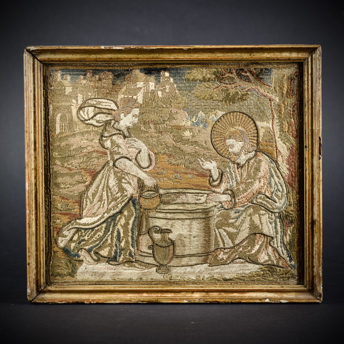 Jesus And The Samaritan Woman, Embroidery In Satin Stitch And Bullion Thread, 18th Century 