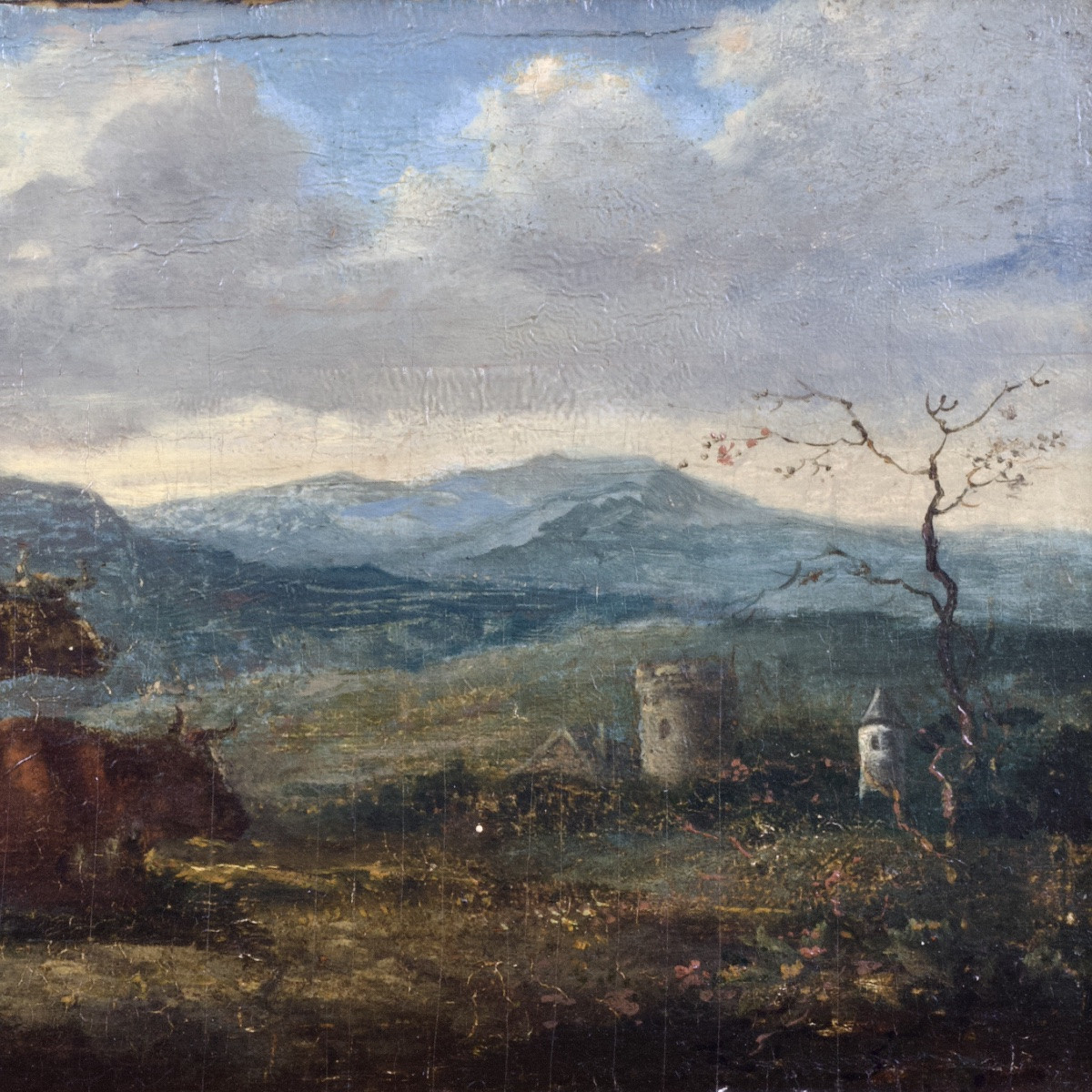 French School, Landscape With Cows, Oil On Panel, 19th Century-photo-2