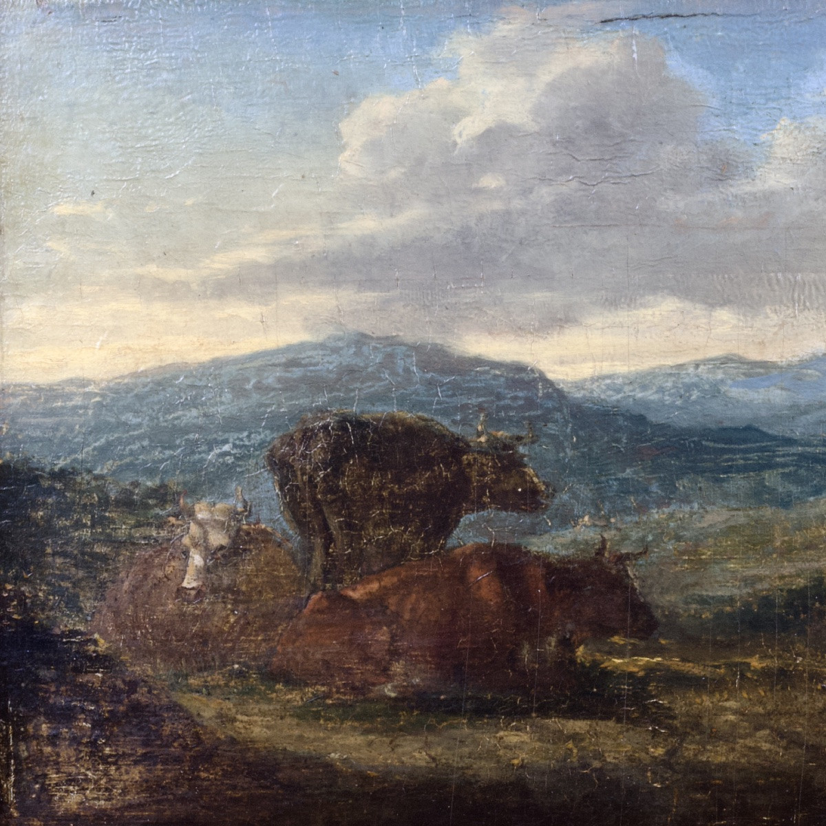 French School, Landscape With Cows, Oil On Panel, 19th Century-photo-3