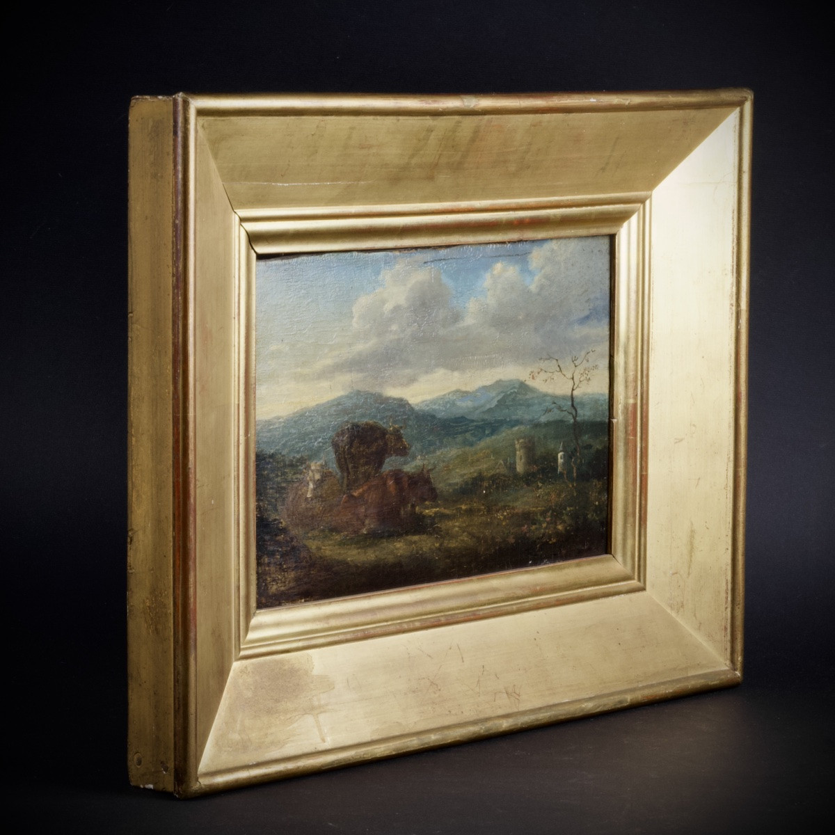 French School, Landscape With Cows, Oil On Panel, 19th Century-photo-4