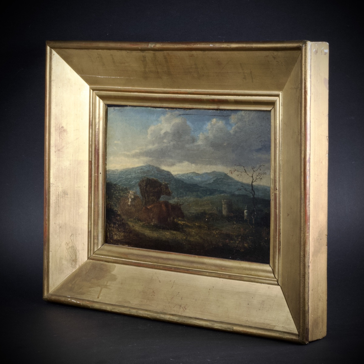 French School, Landscape With Cows, Oil On Panel, 19th Century-photo-5