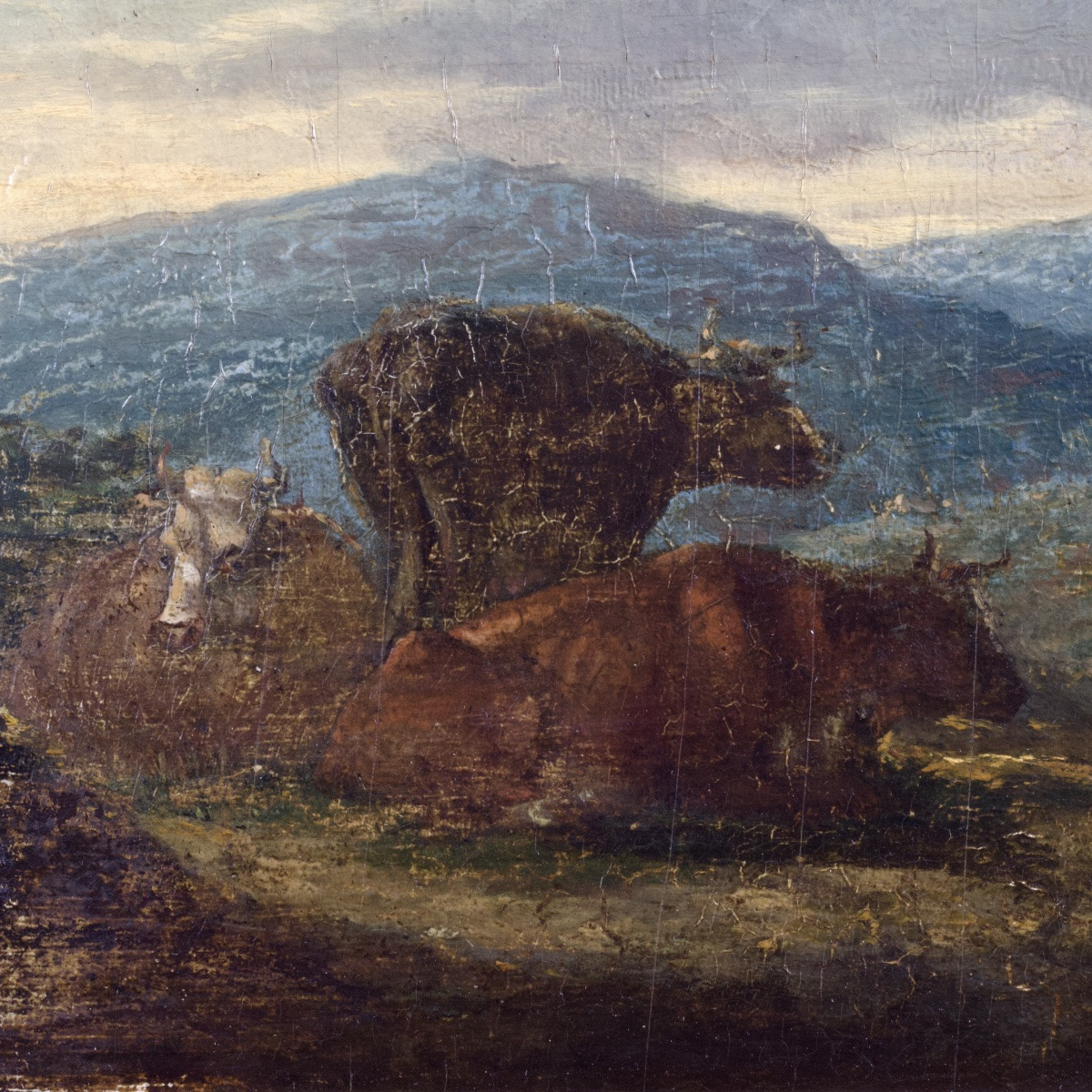 French School, Landscape With Cows, Oil On Panel, 19th Century-photo-7