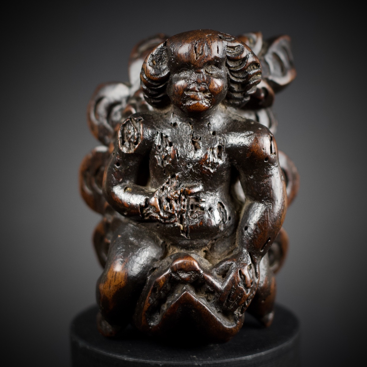 Putto Riding A Dolphin, Patinated Carved Wooden Figurine, 17th Century-photo-2