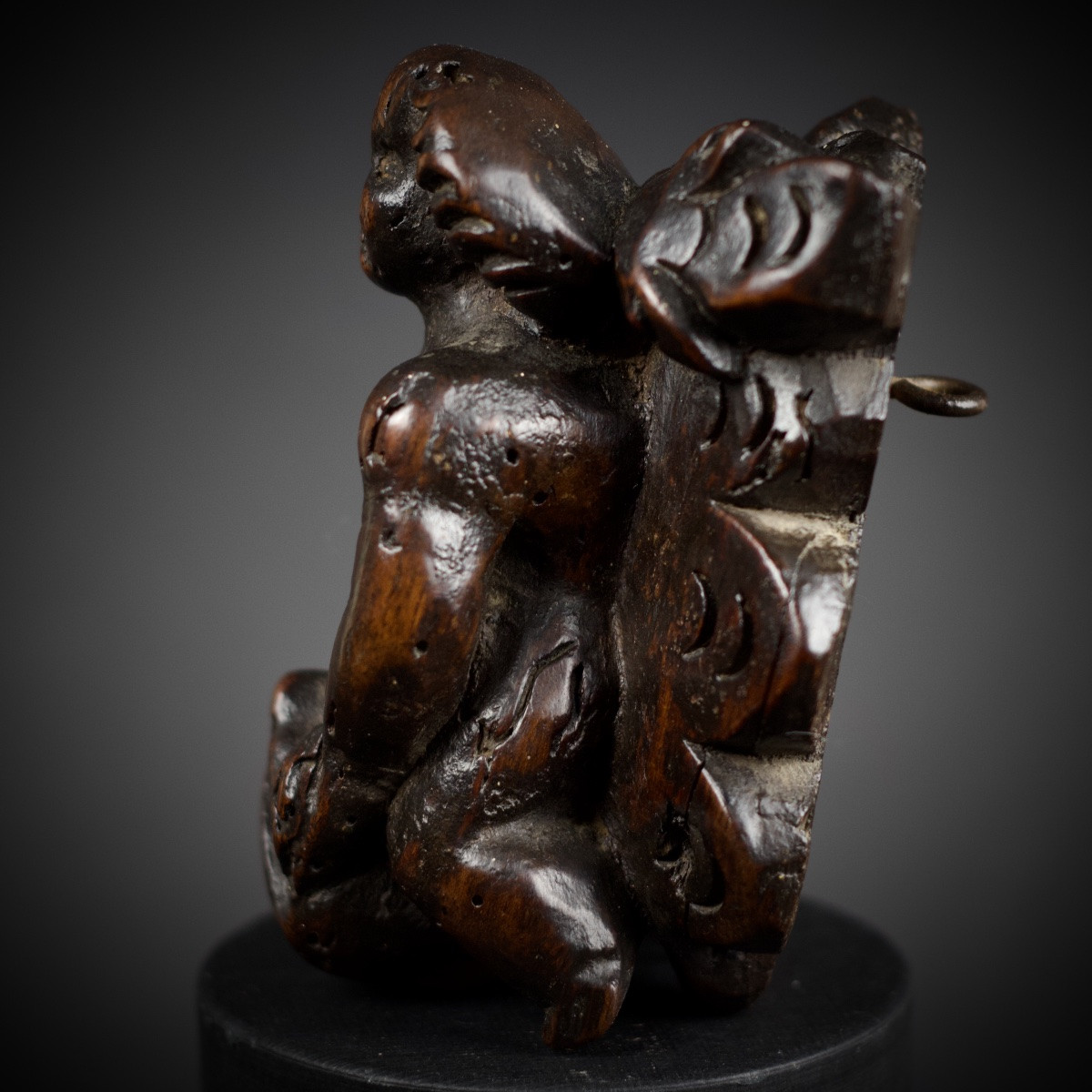 Putto Riding A Dolphin, Patinated Carved Wooden Figurine, 17th Century-photo-2