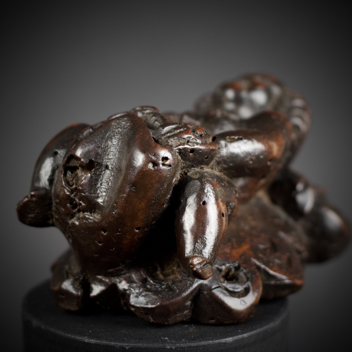 Putto Riding A Dolphin, Patinated Carved Wooden Figurine, 17th Century-photo-4