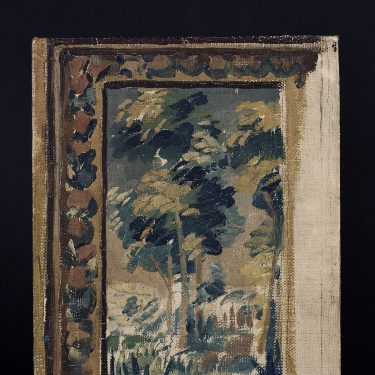 Oil On Canvas-covered Cardboard Depicting A Tapestry Of Greenery In The Aubusson Style, 20th Century -photo-3