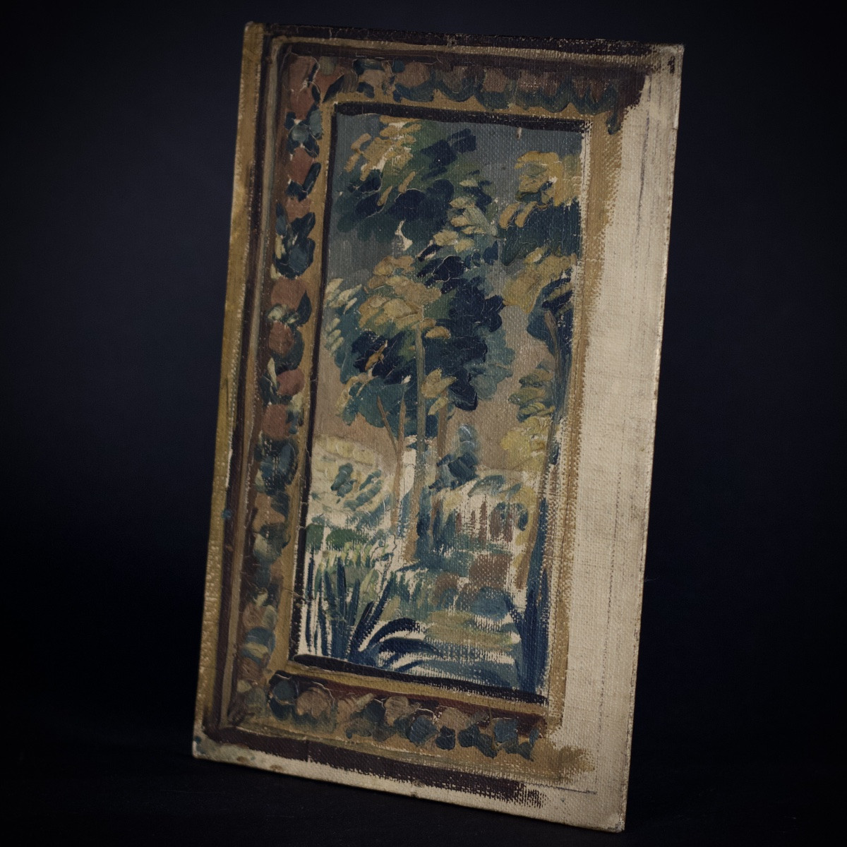 Oil On Canvas-covered Cardboard Depicting A Tapestry Of Greenery In The Aubusson Style, 20th Century -photo-1