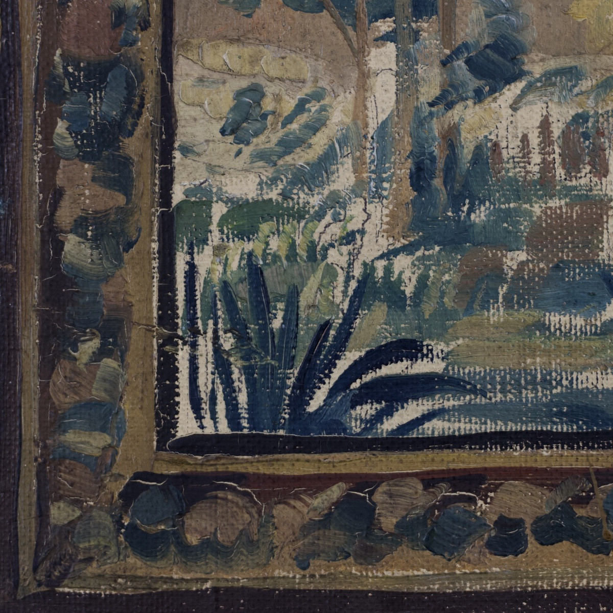 Oil On Canvas-covered Cardboard Depicting A Tapestry Of Greenery In The Aubusson Style, 20th Century -photo-6