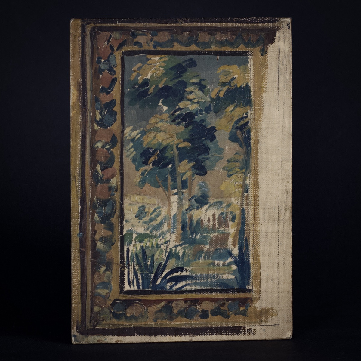 Oil On Canvas-covered Cardboard Depicting A Tapestry Of Greenery In The Aubusson Style, 20th Century 