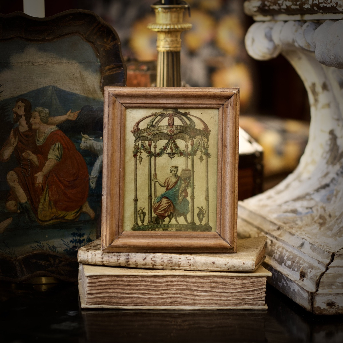 Allegory Of The Four Elements (?), Small Enhanced Engraving, Under Antique Glass, 18th Century-photo-4