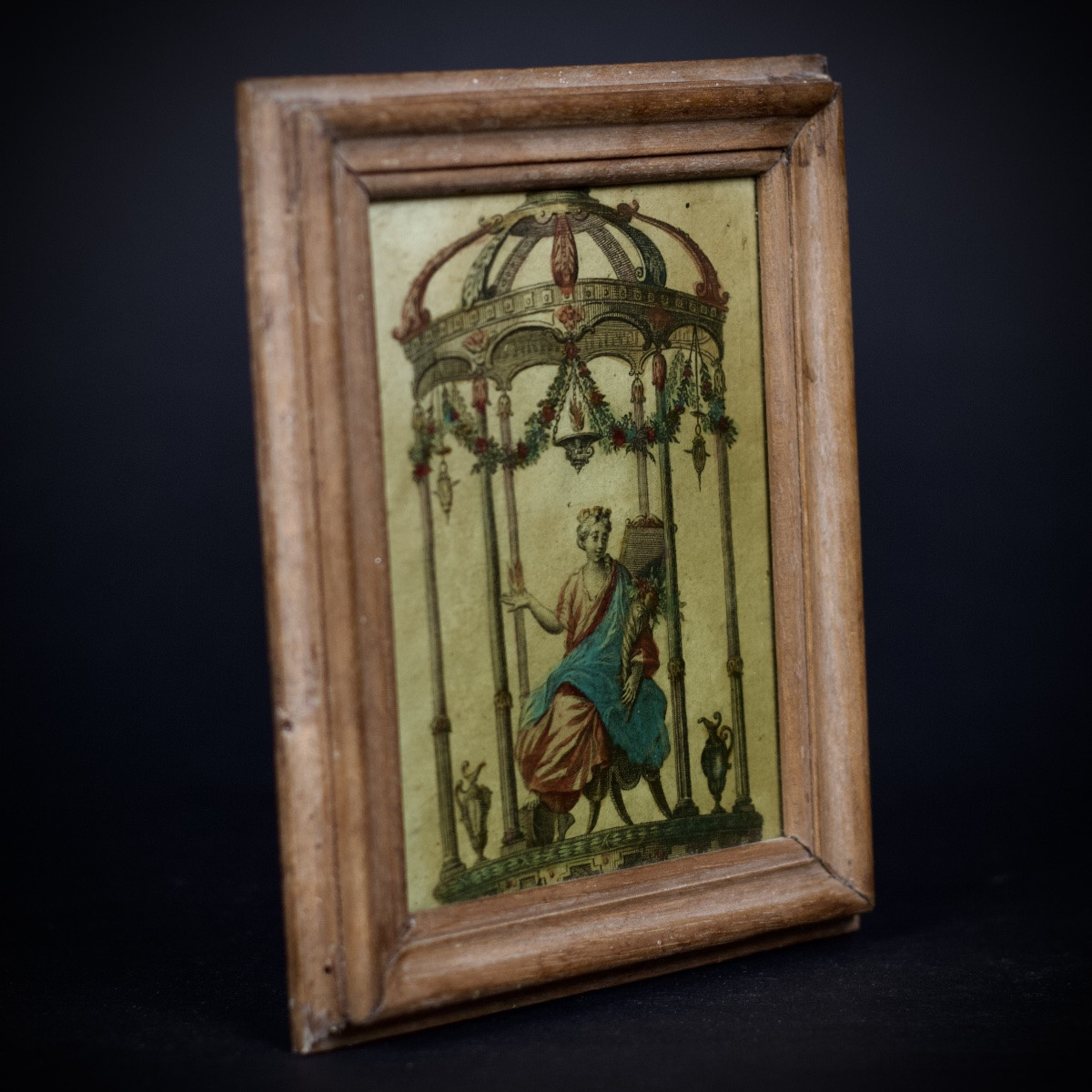 Allegory Of The Four Elements (?), Small Enhanced Engraving, Under Antique Glass, 18th Century-photo-3