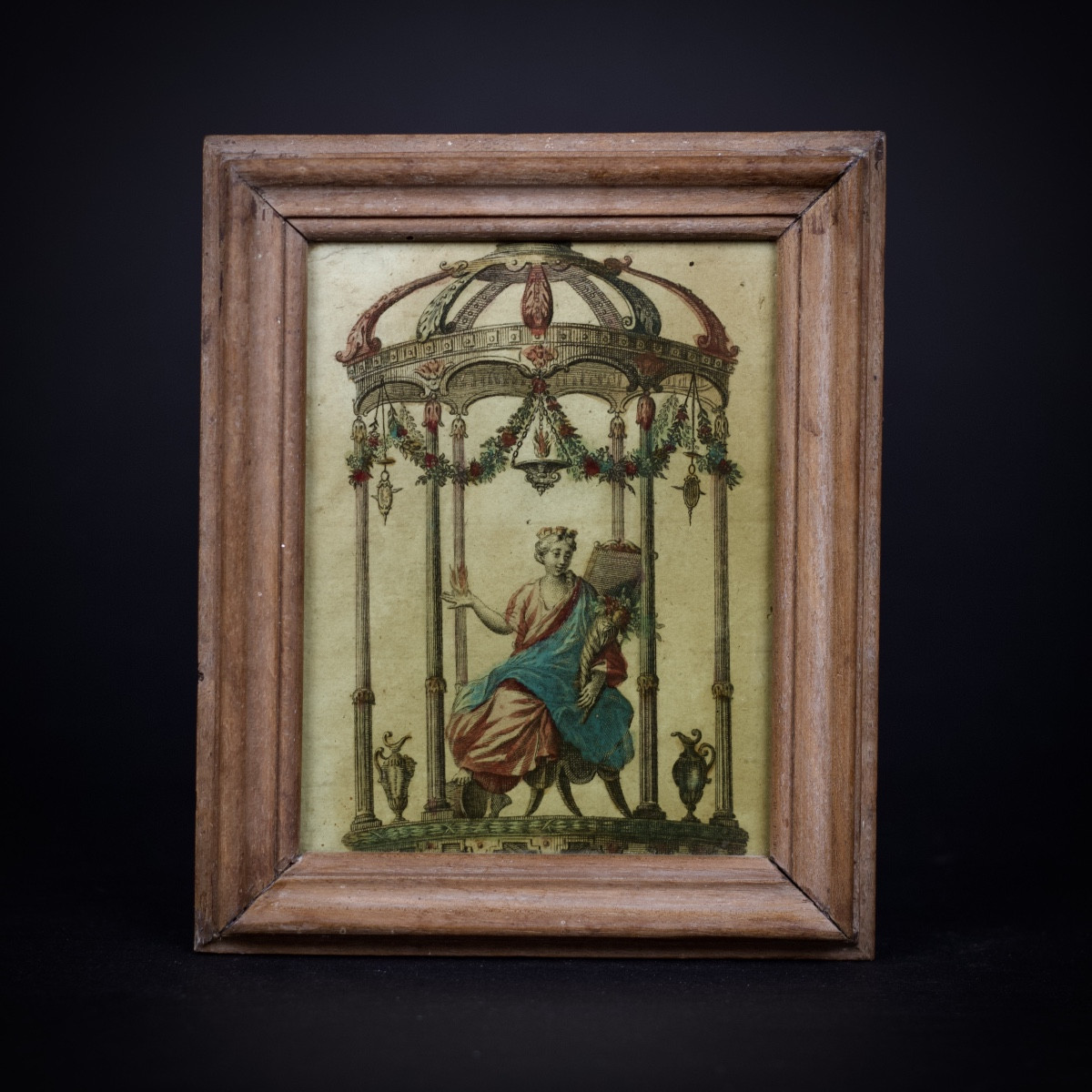 Allegory Of The Four Elements (?), Small Enhanced Engraving, Under Antique Glass, 18th Century